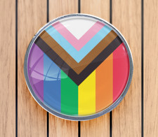 LGBT+ Progress Rainbow Pride Flag, Gel Domed, Round Pin Badge, (Silver / Gold)