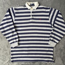 Vintage Polo Ralph Lauren Rugby Shirt Mens Large Blue Grey Striped Hong Kong