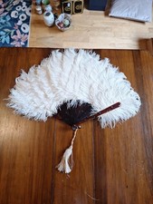 Large Black Ostrich Feather Faux Tortoiseshell Folding Face Fan White Feathers
