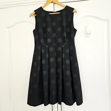 Jaeger Boutique Dress Size 12 Black Spot Polka Dot Pleated Fit Flare Occasion
