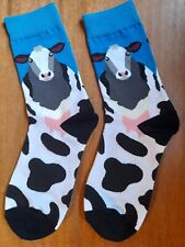 Novelty Cow Socks Animal Dairy Farmer Farm Cattle Black White Print Blue Gift