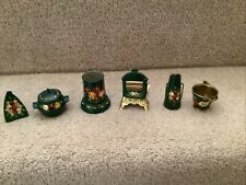 Vintage Miniature Bargeware Green Floral Hand Painted Various Ornaments x 6