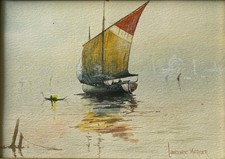 Small Watercolour Painting - Laurence Mercer - Boats Off Coastline - Venice?