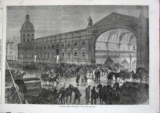 Old Antique Print 1870 Meat Market Smithfield Sale Horses Food Fine Art 19th