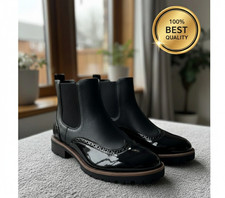 Women’s Black Chelsea Brogue Ankle Boots – Patent Toe Chunky Sole Winter Shoes