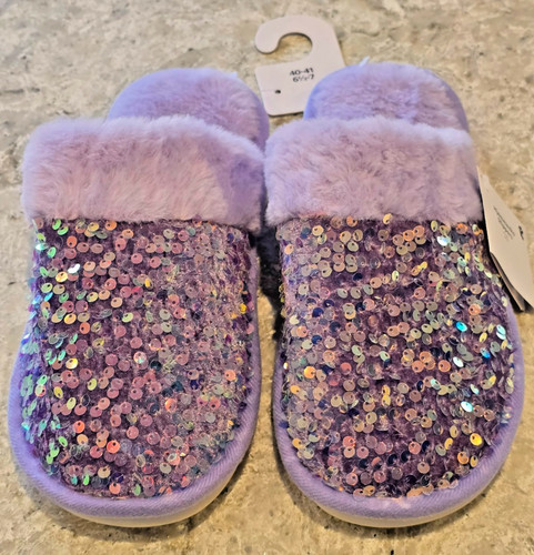 Purple sequinned mule slippers