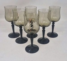 Set of 6 Vintage Luminarc Black Smoked Glass Swirl/Optic Wine Glasses