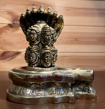 1.45 Kilos Mythological Twelve Faced Shiva Lingam Hooded Serpent Brass Sculpture