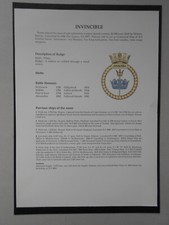 NAVAL PRINT-HMS INVINCIBLE (1977) AIRCRAFT CARRIER- BADGE & BATTLE HONOURS