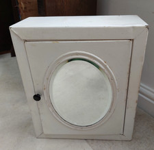 Vintage white metal wall cabinet, mirror door, industrial medicine cupboard