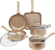 Frying Pan and Pot Set Salmon Homiu 8-Pcs Stone Cookware Set Tempered Glass Lids