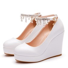 Women Wedding Bride Wedge Shoes Ankle Strap Tassel Pearl Diamante Platform Pumps