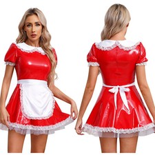UK Lady Sexy Maid Uniform Costume Wet Look Lace PVC Leather Cosplay Ruffle Dress