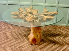 Yewwood Root Tree Dining Table With Round Glass Top