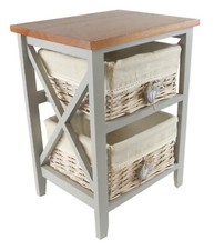 48.5CM SHABBY CHIC 2 WICKER BASKET GREY STORAGE UNIT LAMP TABLE CHEST