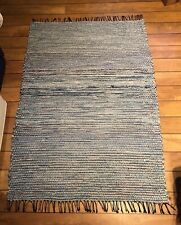 Hand Woven Rag Rug Blue Grey 84x122cm Woven On Black Warp. Hand Made In Finland