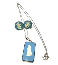 Wedgwood Blue Jasperware Cameo Sterling Silver Necklace & Earrings Set Vintage