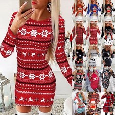 Christmas Women Printed Fancy Dress Ladies Xmas Party Bodycon Mini Dresses Size