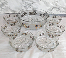 Vintage 7Pc Fruit/Trifle Bowl Set Frosted Gold Black Floral Windrose Italy