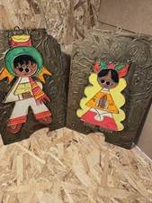 Set Of 2 Mexican Folk Art Wood Wooden Wall Plaques Big Eyes