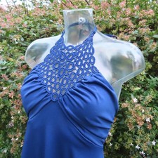 Vintage 1970s Shubette of London Navy Crochet Detail Maxi Halter Neck Dress UK10