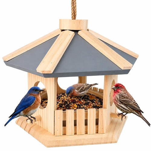 Wooden hanging bird feeder - wooden,