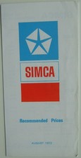 Simca Original UK Price List 1972 1000 1100 1301 1501