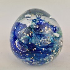 Art Glass Paperweight With Air Bubbles Blue Swirls Etc. Signed E M B 2018