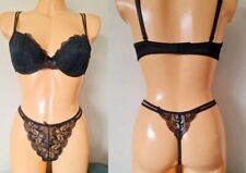 E-vie BLACK BRA & THONG SET LACE PADDED MOULDED CUPS UNDERWIRED UK 36C 12-14 NEW
