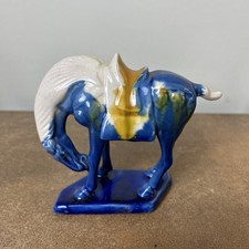 Vintage Chinese Ceramic Drip Glazed Tang Dynasty Horse in Blue, 11.5cm