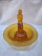 Old Vintage Deco Frosted Amber Glass Bowl With Lady Flower Frog