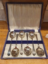 Vintage Silver Plated Soup Spoons Cased Box Set Of 6 EPNS A1 Art Deco Retro