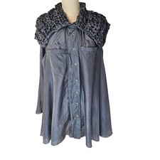 Madame Demode Silk Cape/Poncho-Style Tunic Blouse Button Down Shirt Top One Size