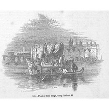 Thames State Barge in the Reign of Richard II - Antique Print 1851