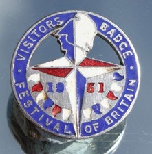 FESTIVAL OF BRITAIN UNUSUAL VISITORS BADGE C-1951 CHROME & ENAMEL 1" BADGE