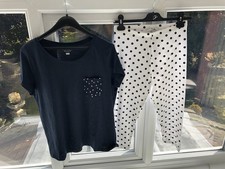 Ladies Pyjama Set Dot Printed Crew Neck Buttons Cropped PJs M Size 12-14 New