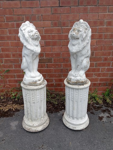 Pair stone lion statues - , on