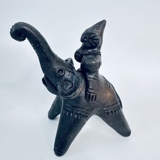 Vintage Oaxacan Black Pottery Elephant with Rider Figurine Barro Negro Folk Art