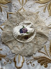 Antique/Victorian Hand-Painted Floral Silk Lace Edged Circular Panel