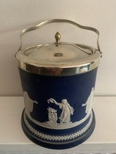 Vintage Wedgwood Jasperware Blue Biscuit Barrel With Original EPNS Lid