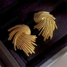 CLIP ON big spray MIRRORED RETRO EARRINGS art deco lines vintage style GOLD PLTD