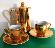 Vintage Royal Worcester Gold Lustre Pie Crust Coffee Pot + 2 Cups & Saucers set