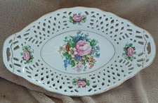 Vintage Madarin Porcelane Reticulated Oval Dish in Floral Pattern & Gold Accents