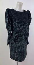 Ladies Ex Oliver Bonas Dress Sparkle Velvet Flocked Green/Black Ruched 6-18
