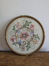 Beautiful Antique Vintage Hand Embroidered Round Framed Picture Tray Gilt Frame