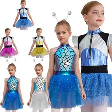 UK Girls Alien Metallic Halter Ballet Tutu Dress With Antenna Headband Dancewear