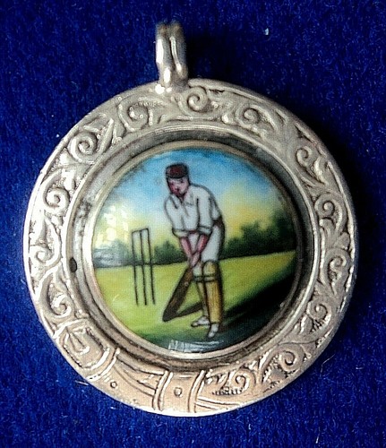 Silver enamel cricket medal - cricket,