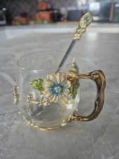 Decdeal Enamel glass Tea/coffee cup, Spoon  (Flowers, Butterfly)
