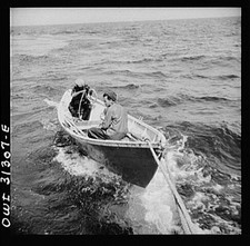 On board the fishing boat Alden, Massachusetts. A dory with, out of Gloucester