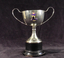 Butlins Skegness 1939 EPNS Trophy with Jolly Fisherman badge, black wooden base